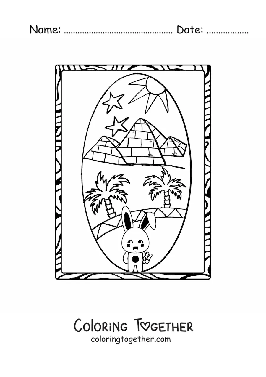 Coloring page of a cartoon rabbit visiting the Egyptian pyramids