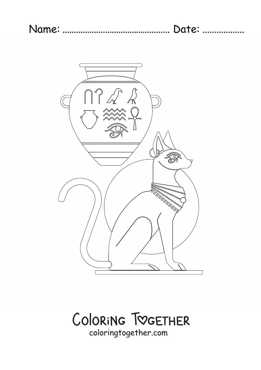 Coloring page of a sculpture and vessel of Egyptian art