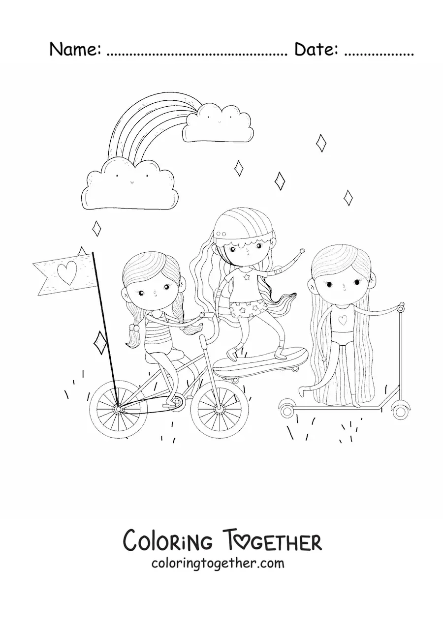 Coloring page of three girls riding a bicycle, a skateboard, and a scooter with a rainbow in the background