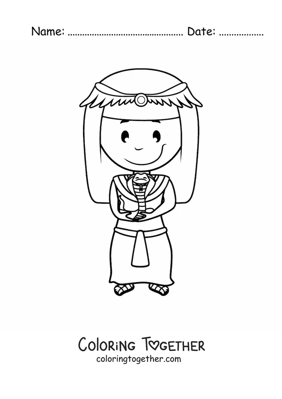 Coloring page of a cartoon Egyptian woman with a cobra