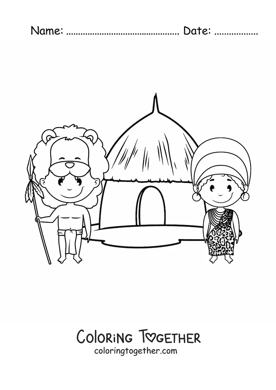 Coloring page of a cartoon African tribe