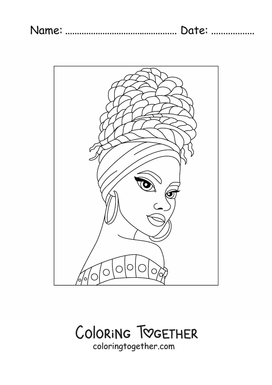 Coloring page of an African woman with a headdress