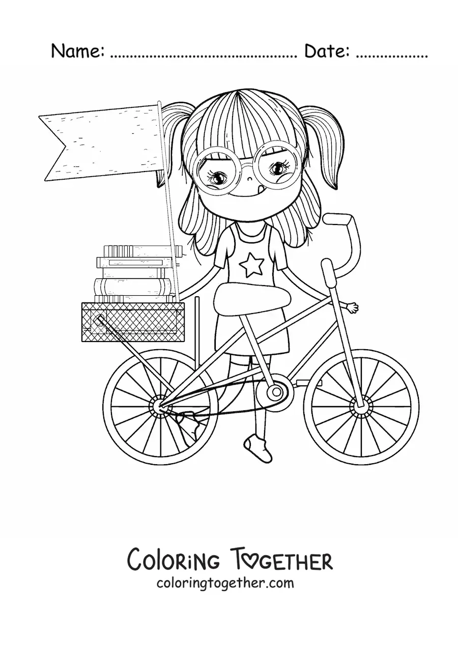 Coloring page of a girl with a bicycle and books