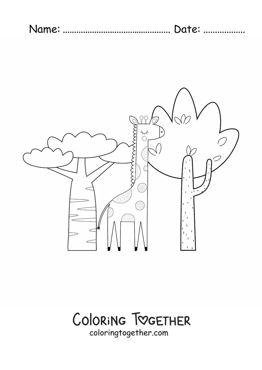 Coloring page of an African giraffe on the savanna