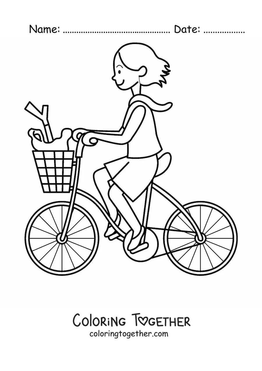 Coloring page of a girl riding a bicycle