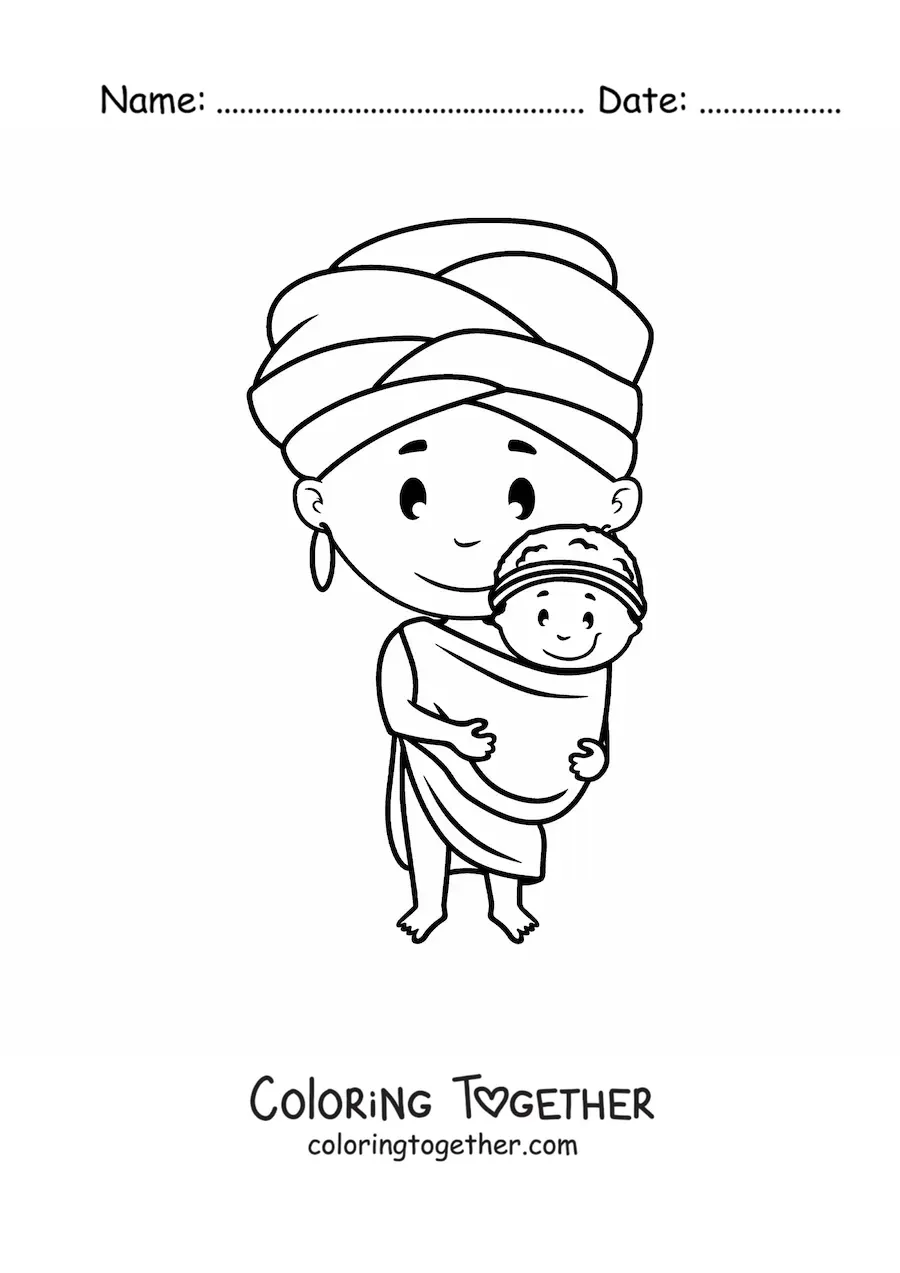 Coloring page of a cartoon African woman with a baby