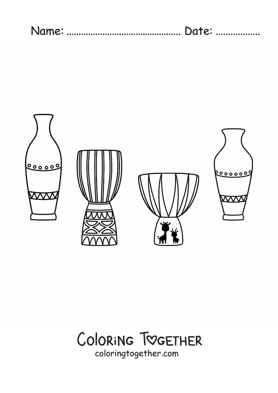 Coloring page of African pots and drums