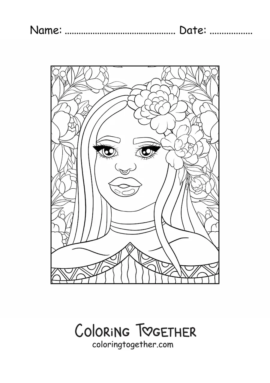 Coloring page of a beautiful African woman with flowers