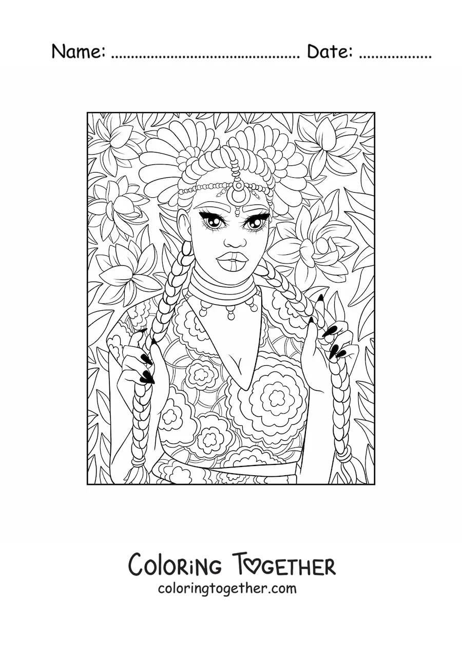 Coloring page of a beautiful African woman with braids