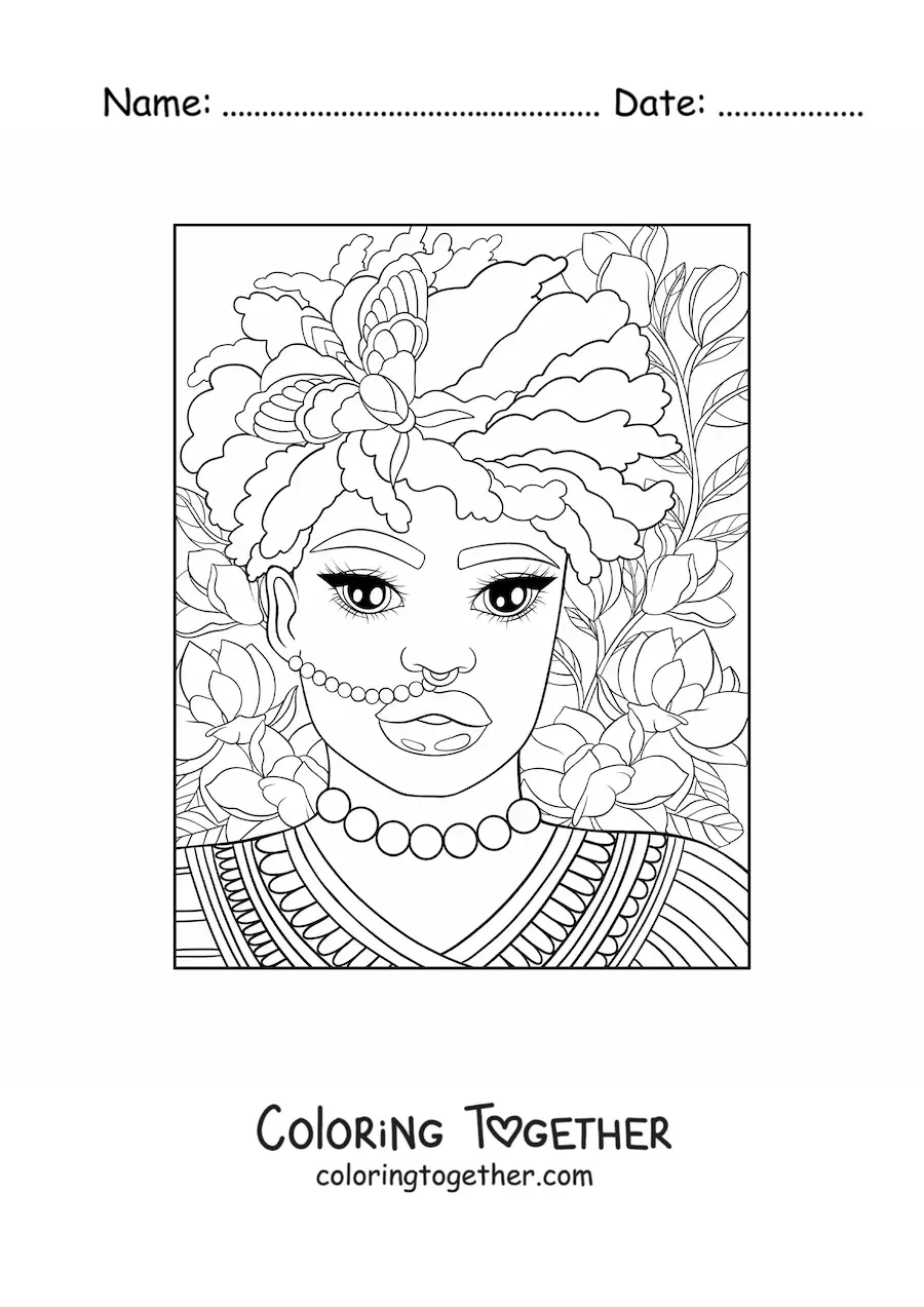 Coloring page of a beautiful African woman with a headdress