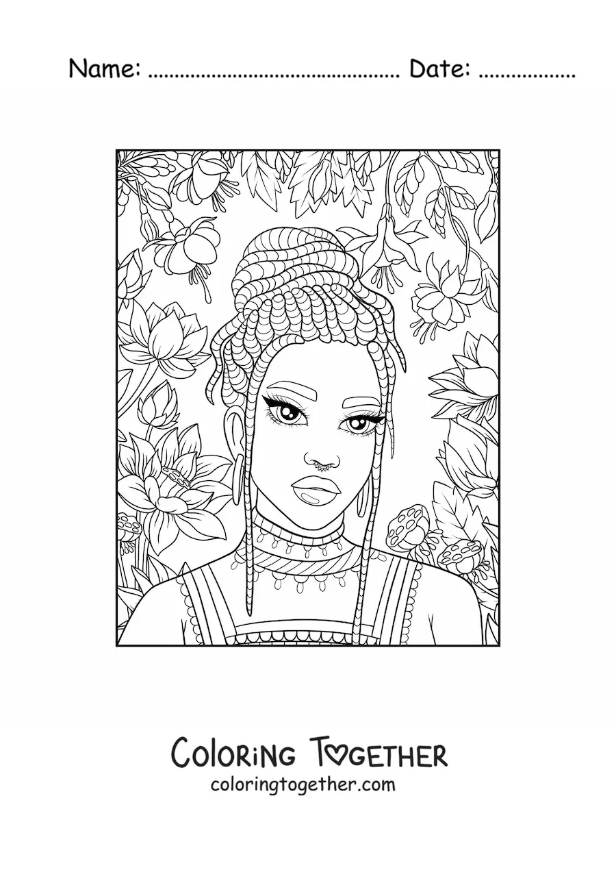 Coloring page of a beautiful African woman with braids and flowers