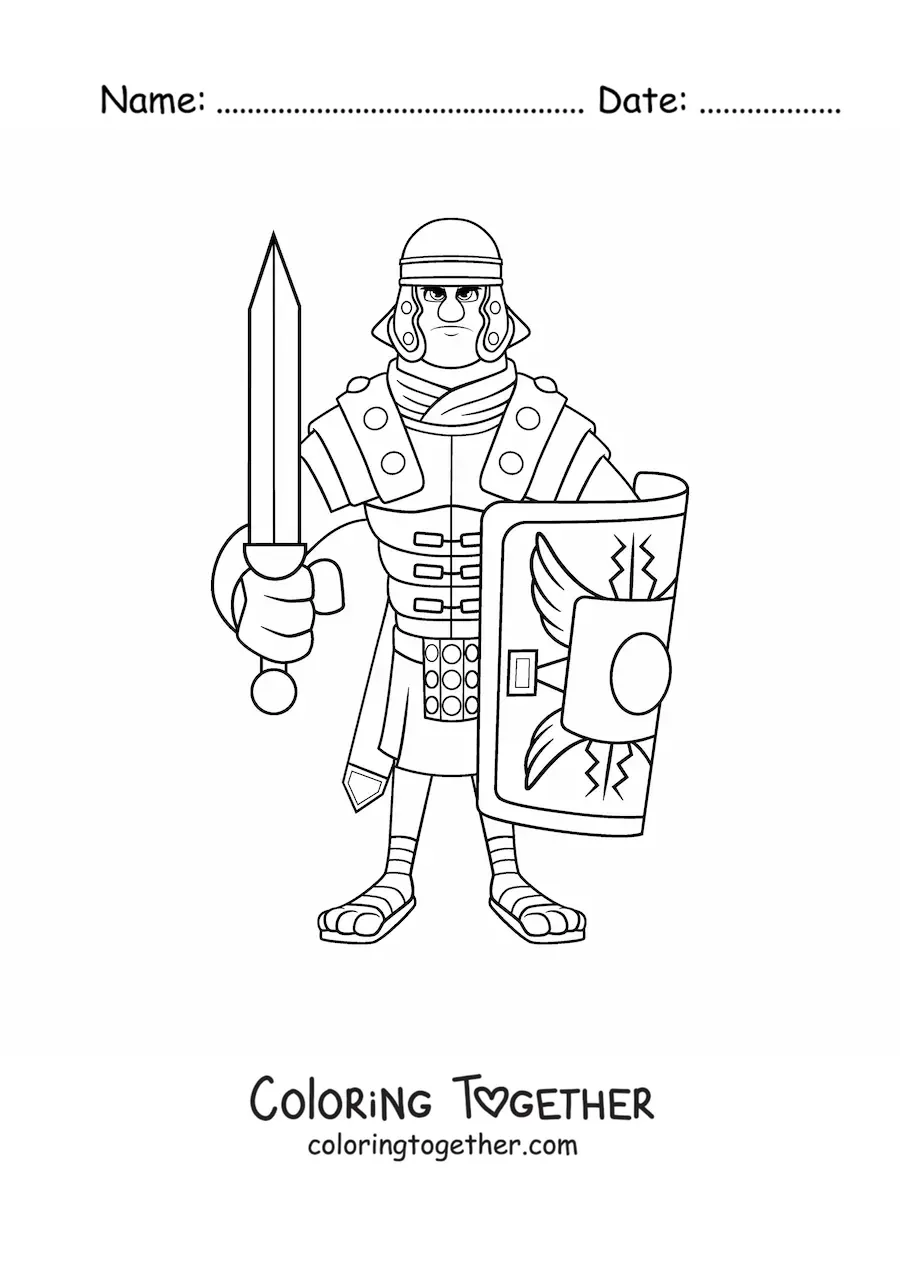 Coloring page of a Roman soldier with a sword
