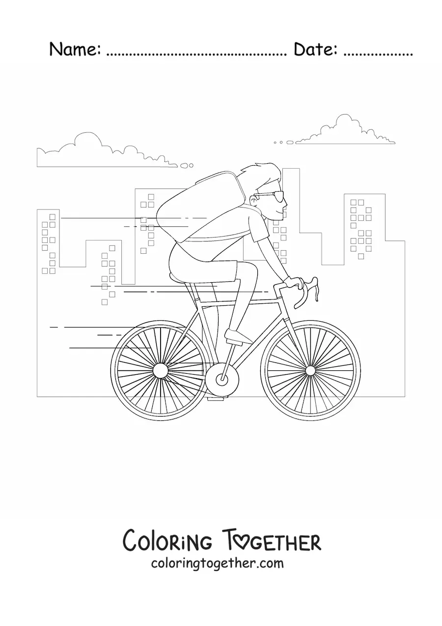 Coloring page of a delivery rider on a bicycle