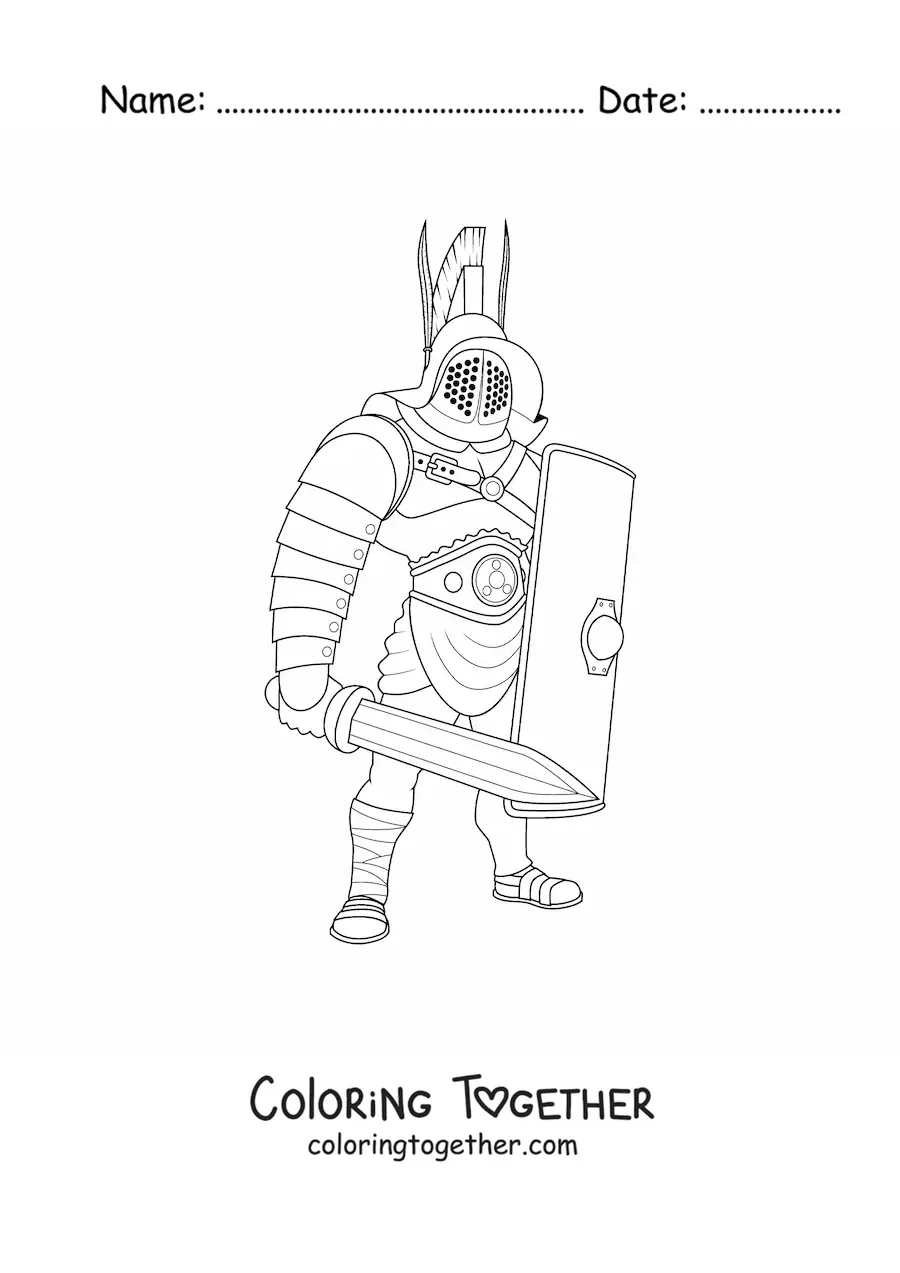 Coloring page of a realistic Roman Empire gladiator