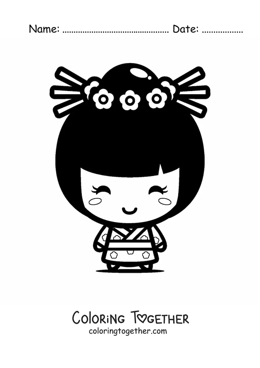 Coloring page of a kawaii Japanese girl