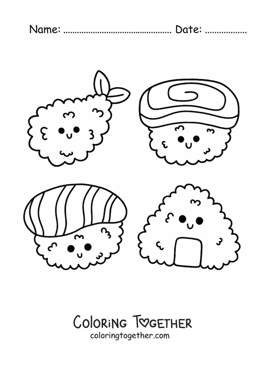 Coloring page of cartoon kawaii sushi