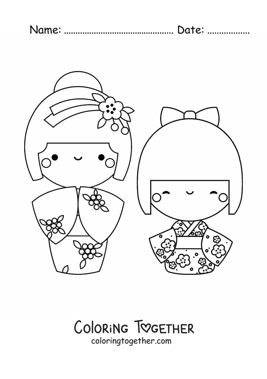 Coloring page of kawaii Japanese dolls