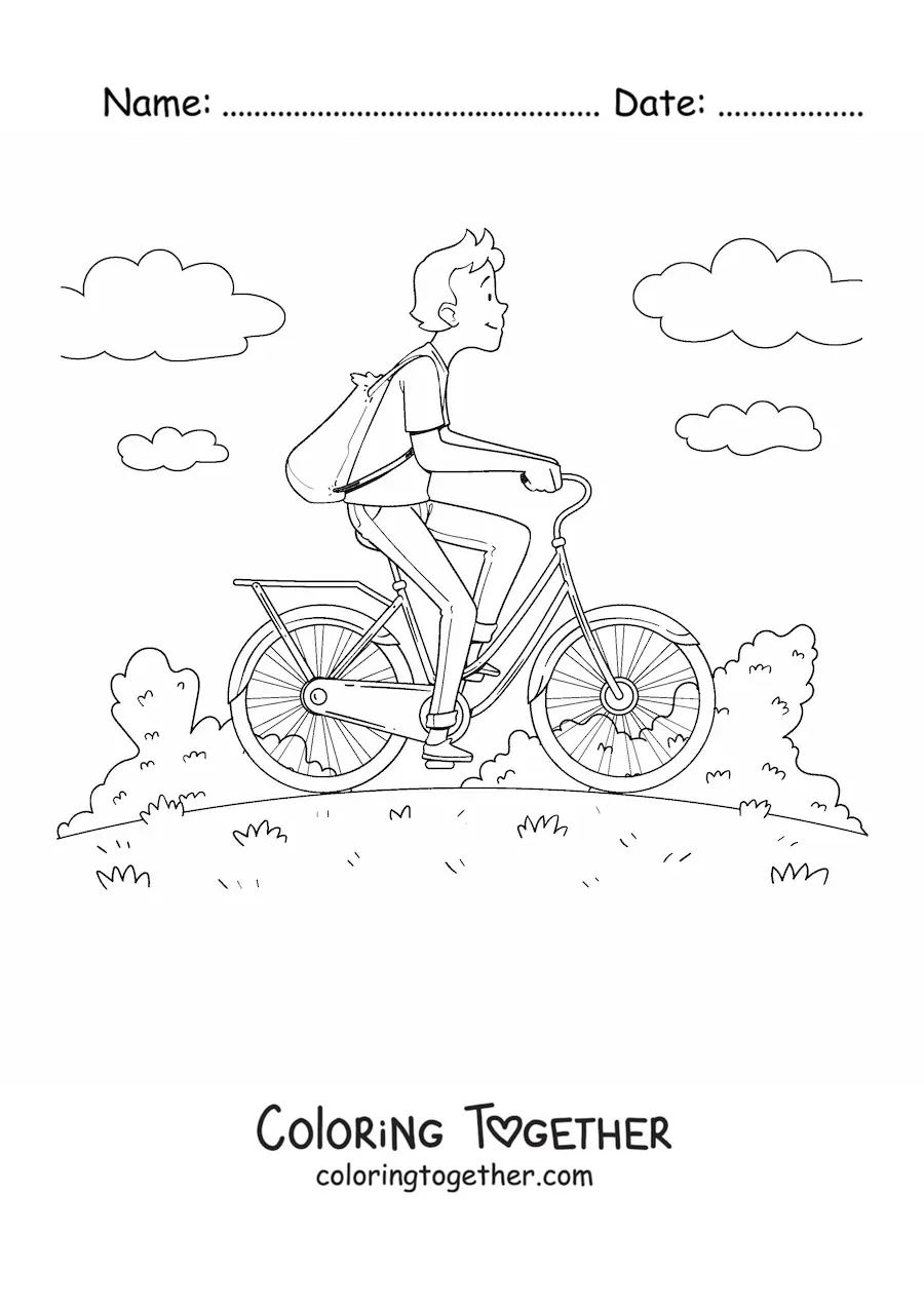Coloring page of a man on a bicycle with clouds in the background