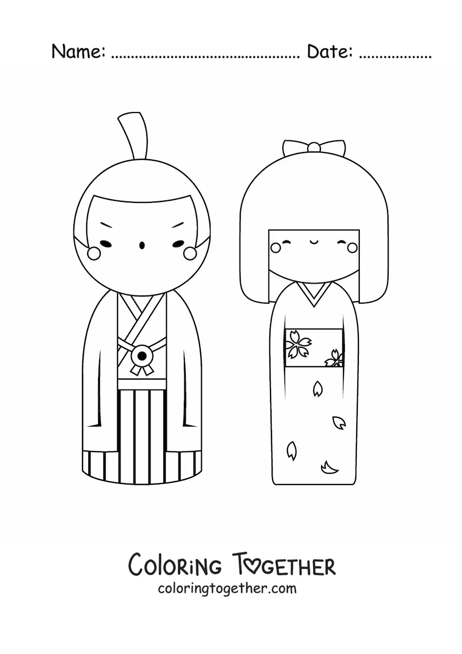 Coloring page of a Japanese couple in traditional clothing