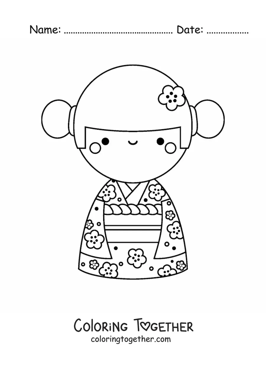 Coloring page of a cartoon Japanese girl
