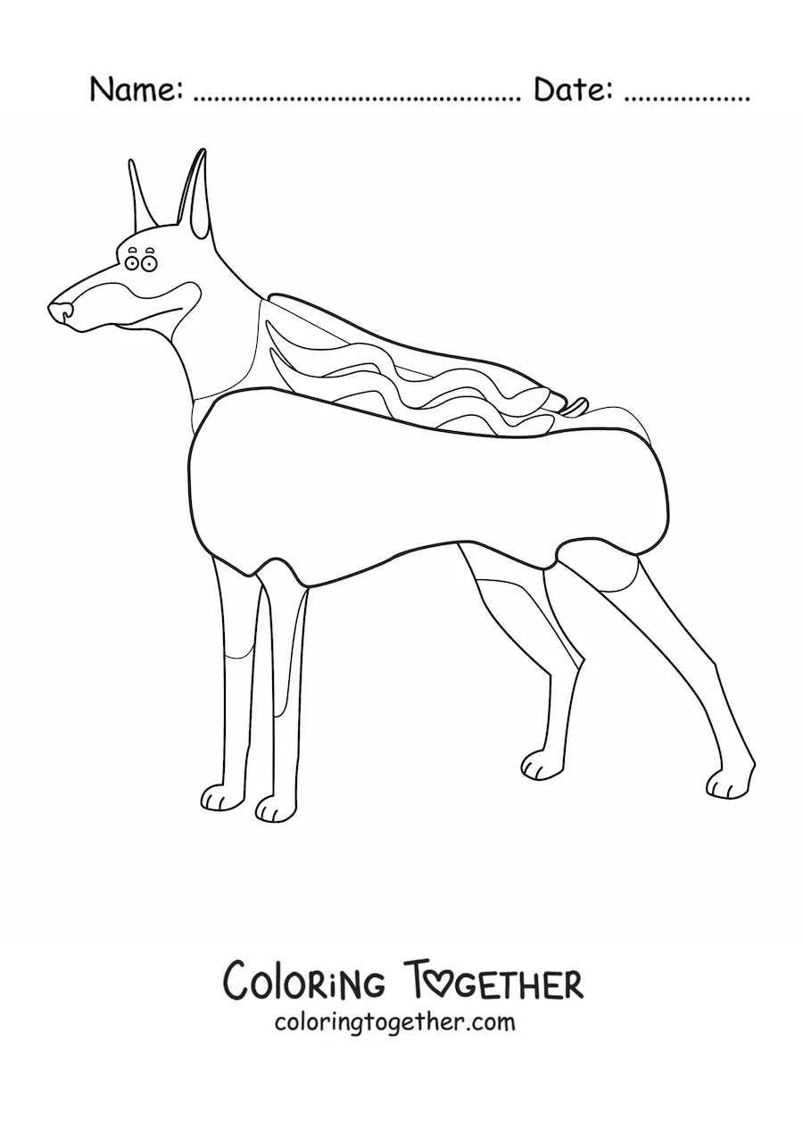 Coloring page of a Doberman dressed as a hot dog