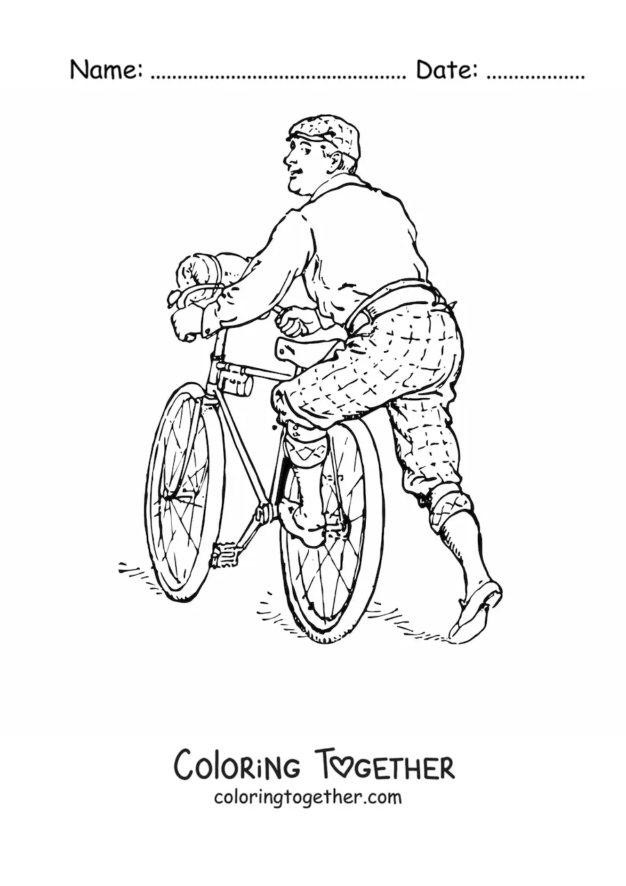Coloring page of a man on a bicycle