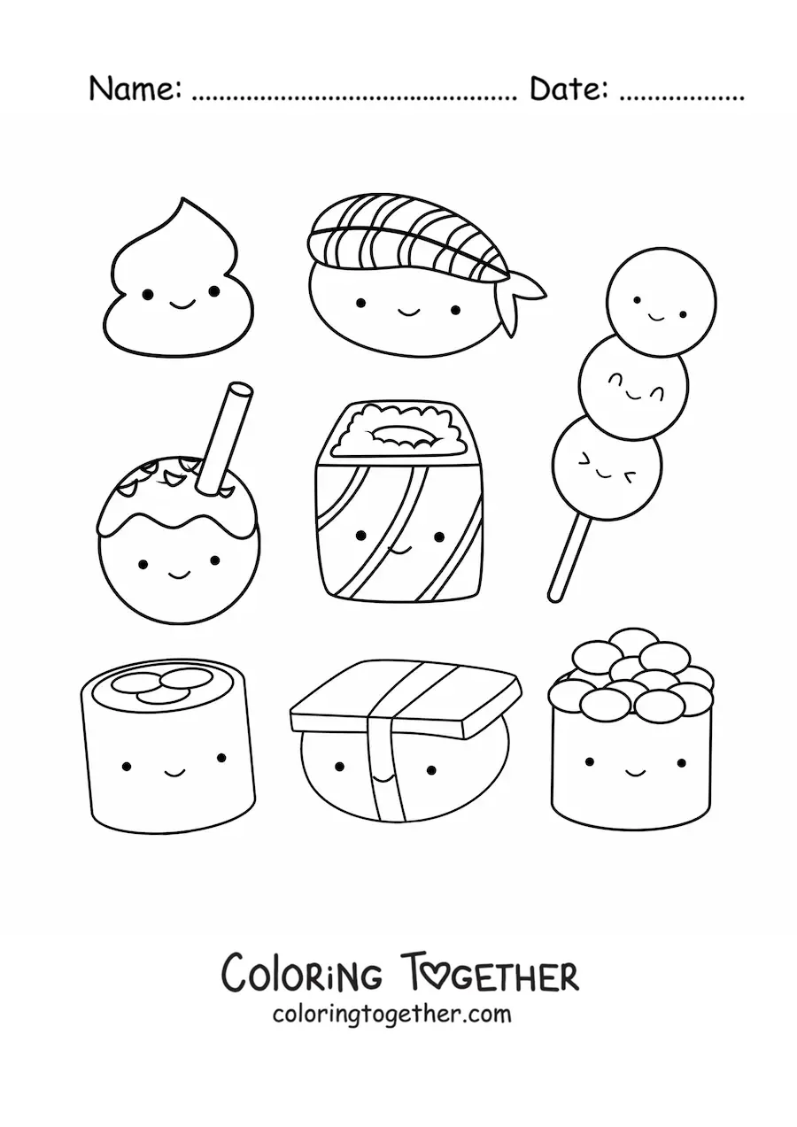 Coloring page of cartoon sushi