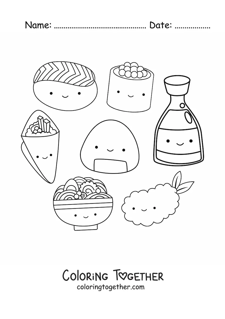 Coloring page of cartoon Japanese food