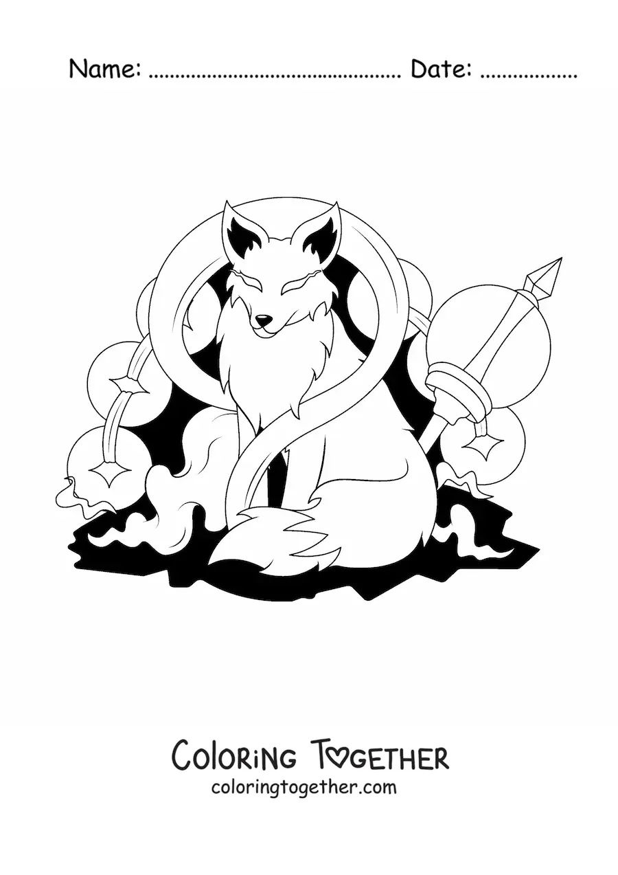 Coloring page of a cartoon kitsune