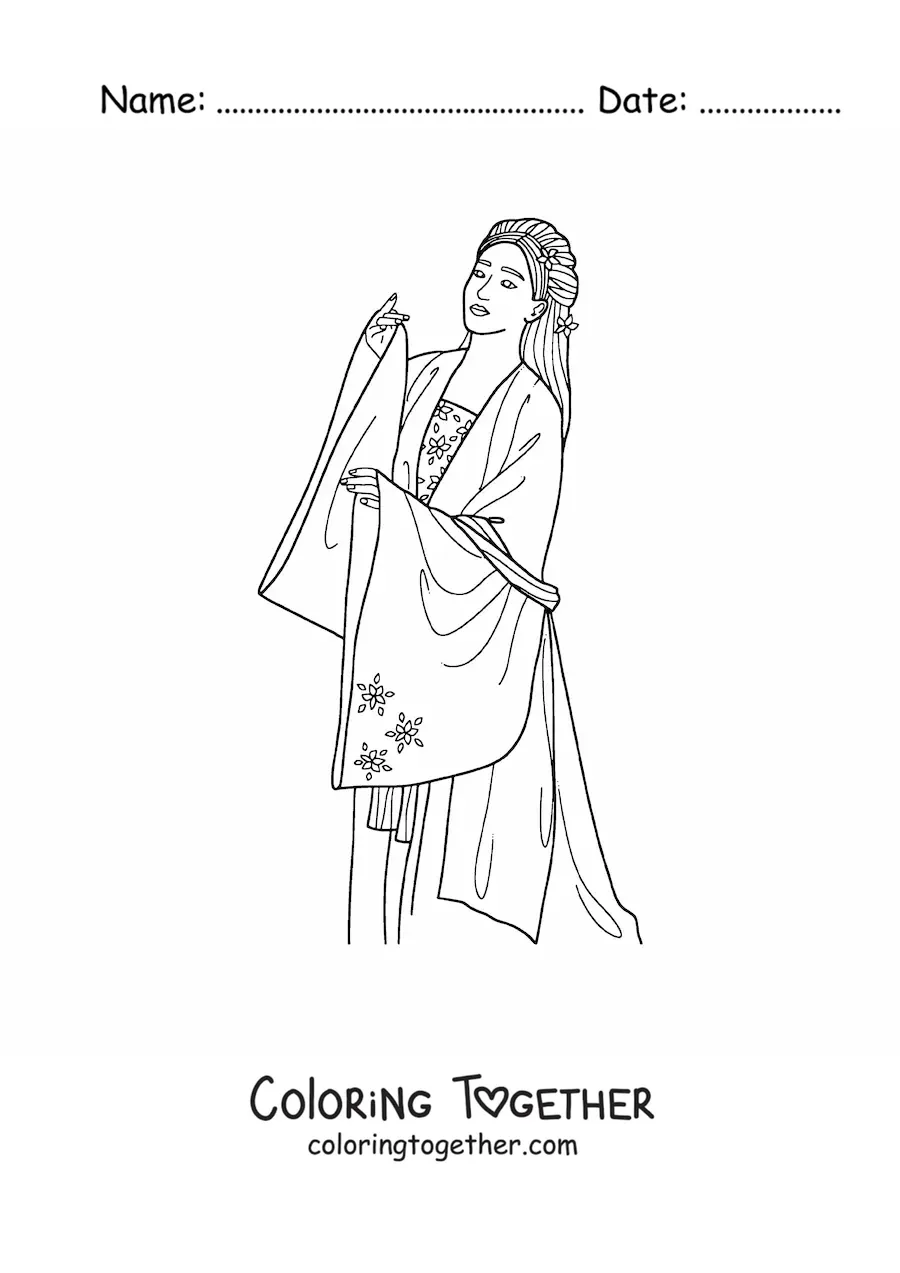 Coloring page of a Japanese woman in a kimono