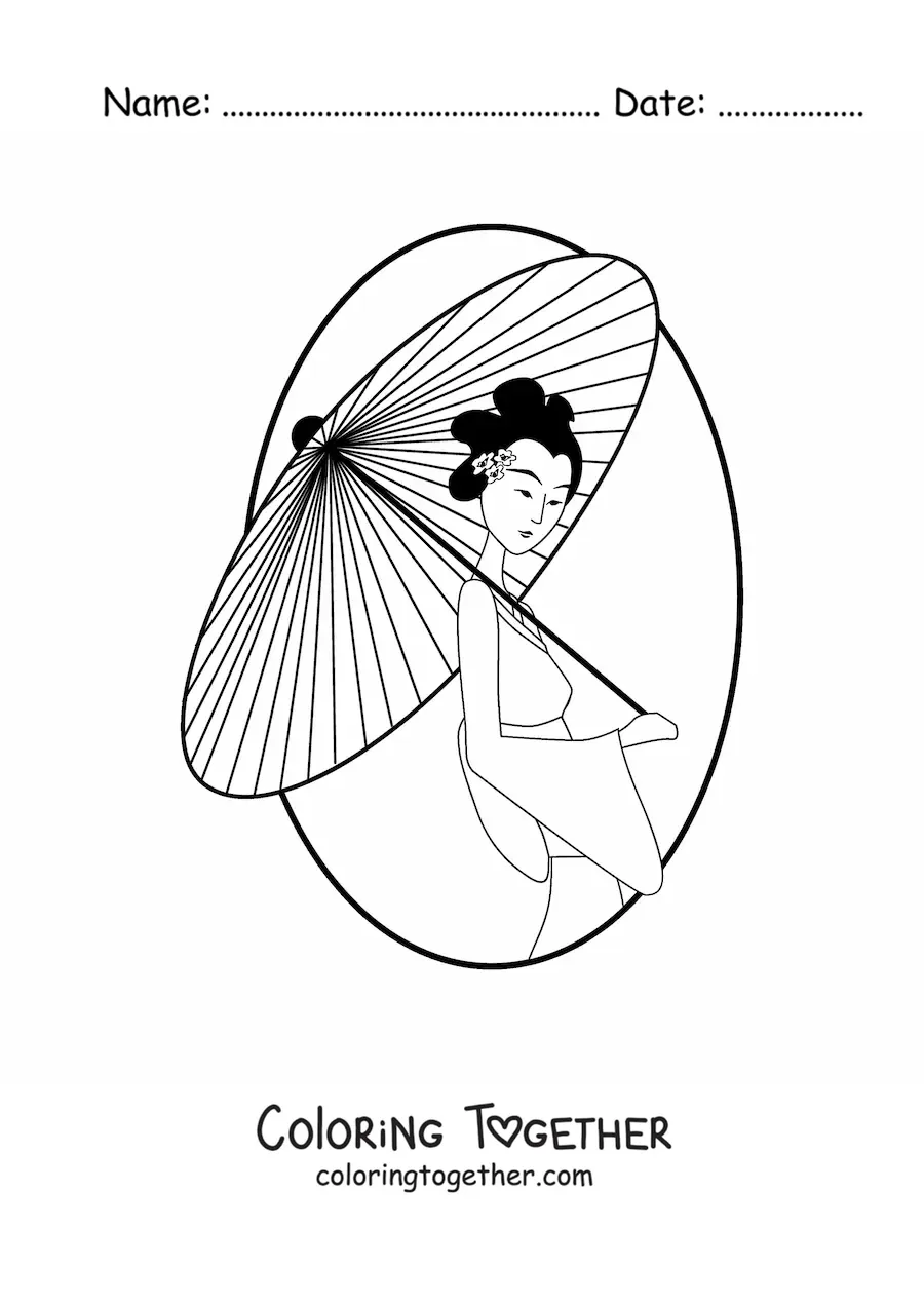 Coloring page of a geisha with a parasol