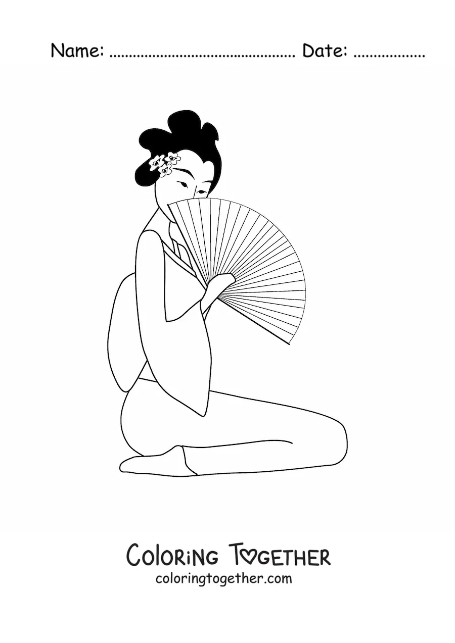 Coloring page of a geisha with a fan