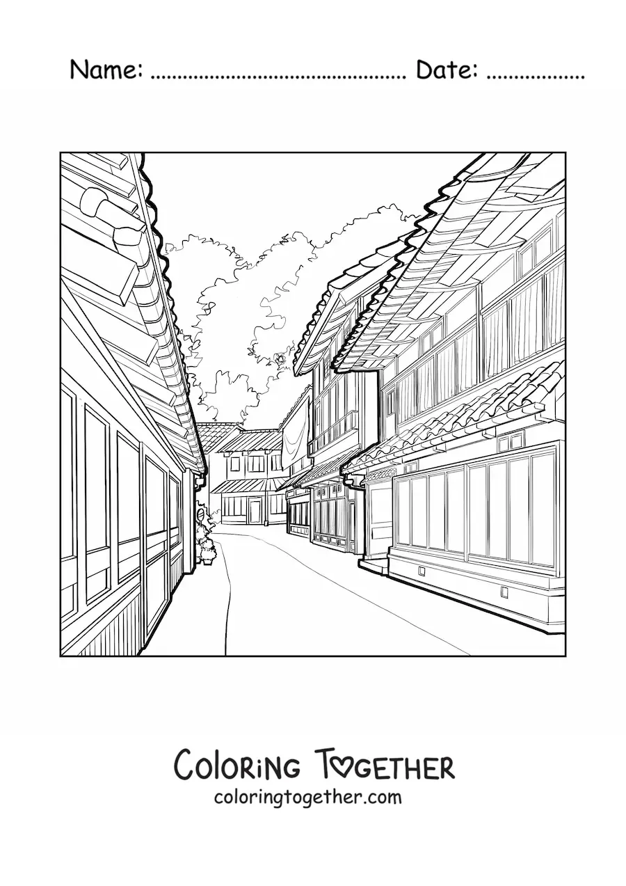 Coloring page of a Japanese street