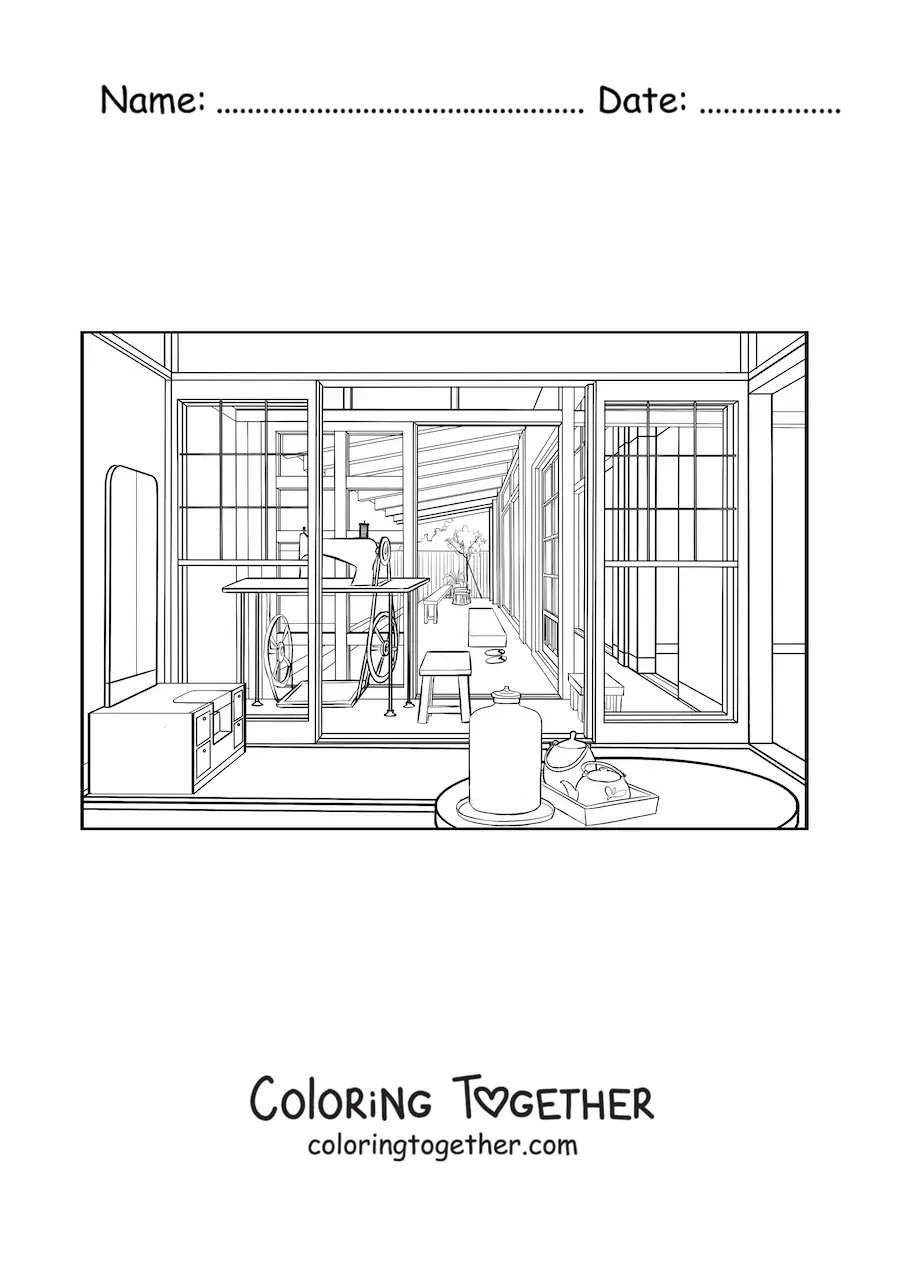 Coloring page of a Japanese home