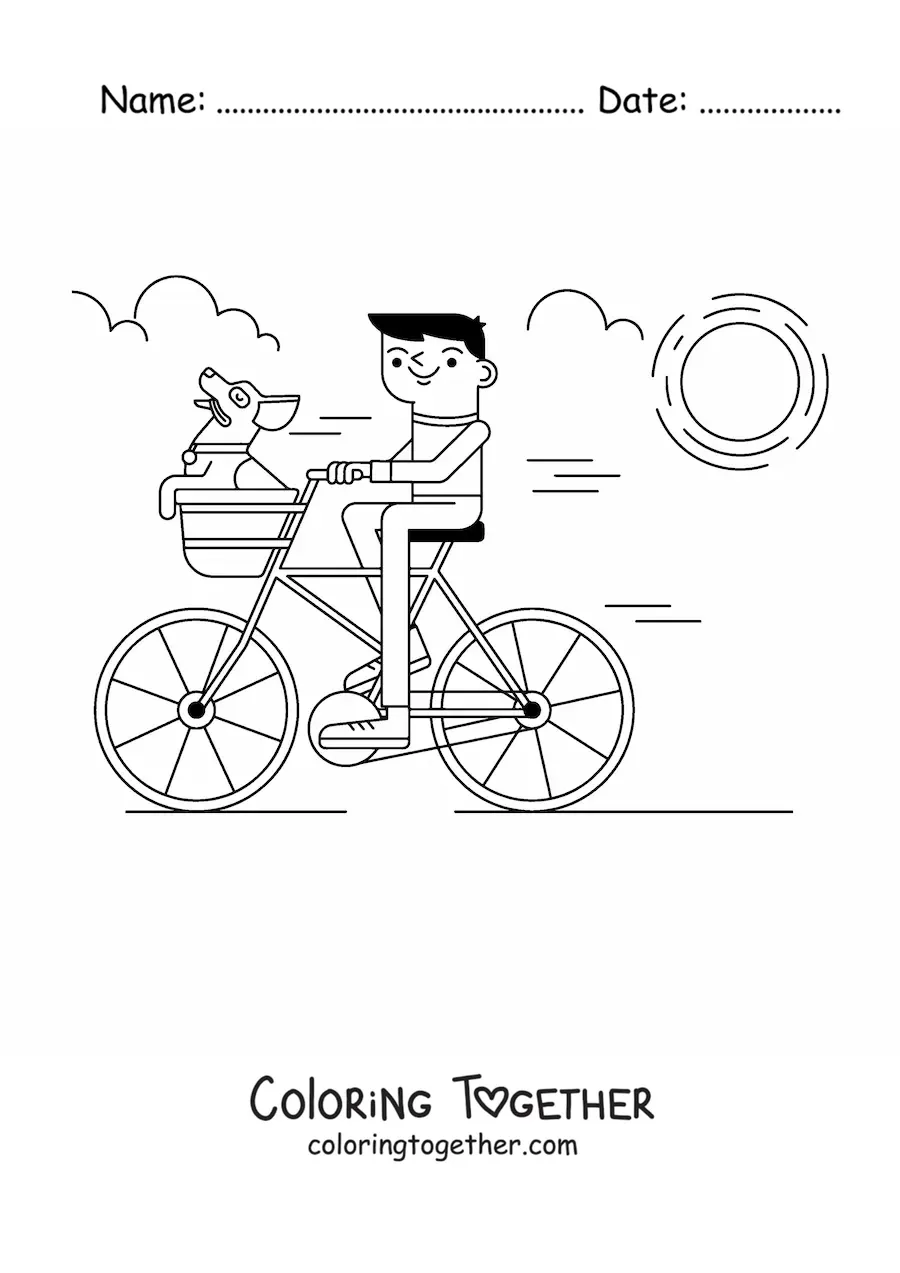 Coloring page of a boy on a bicycle with a dog in the basket