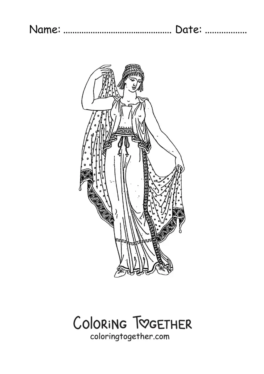 Coloring page of a woman in ancient Greek clothing