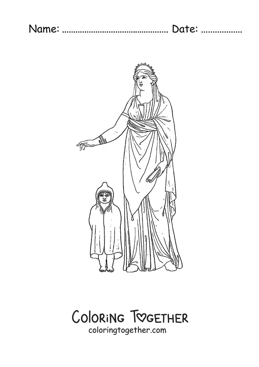 Coloring page of a woman of Ancient Greece with her daughter