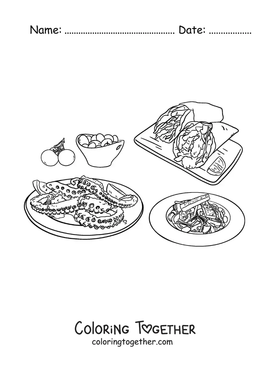 Coloring page of Greek dishes