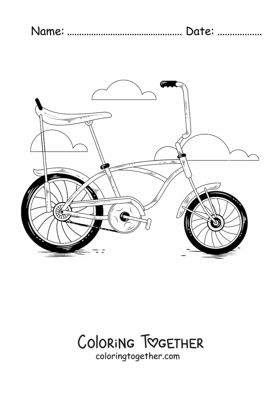 Coloring page of an antique bicycle with clouds in the background