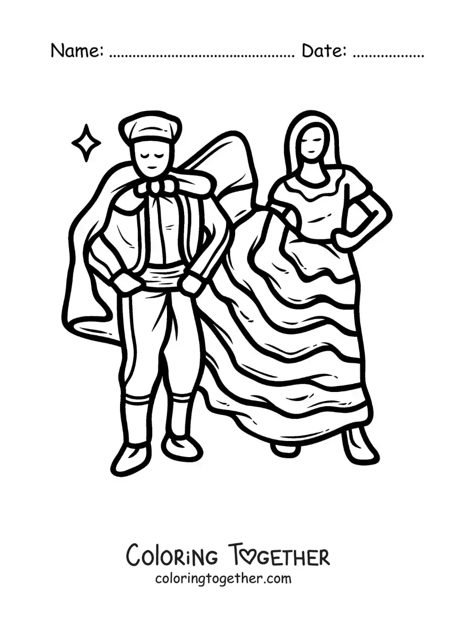 Coloring page of an animated flamenco dancer and her partner