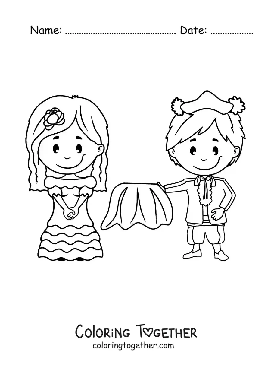 Coloring page of an animated flamenco dancer and a bullfighter