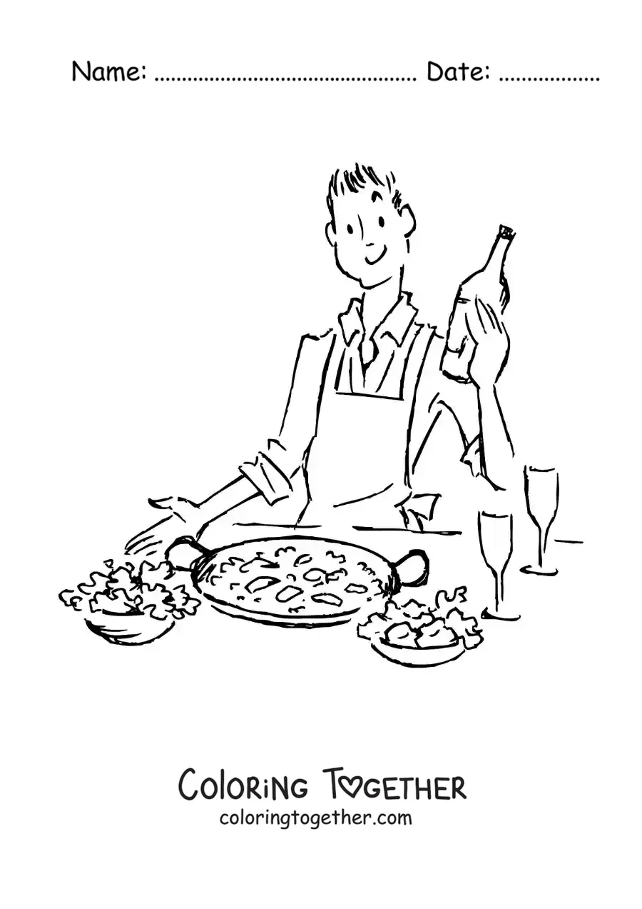 Coloring page of symbols of Spanish culture and a map