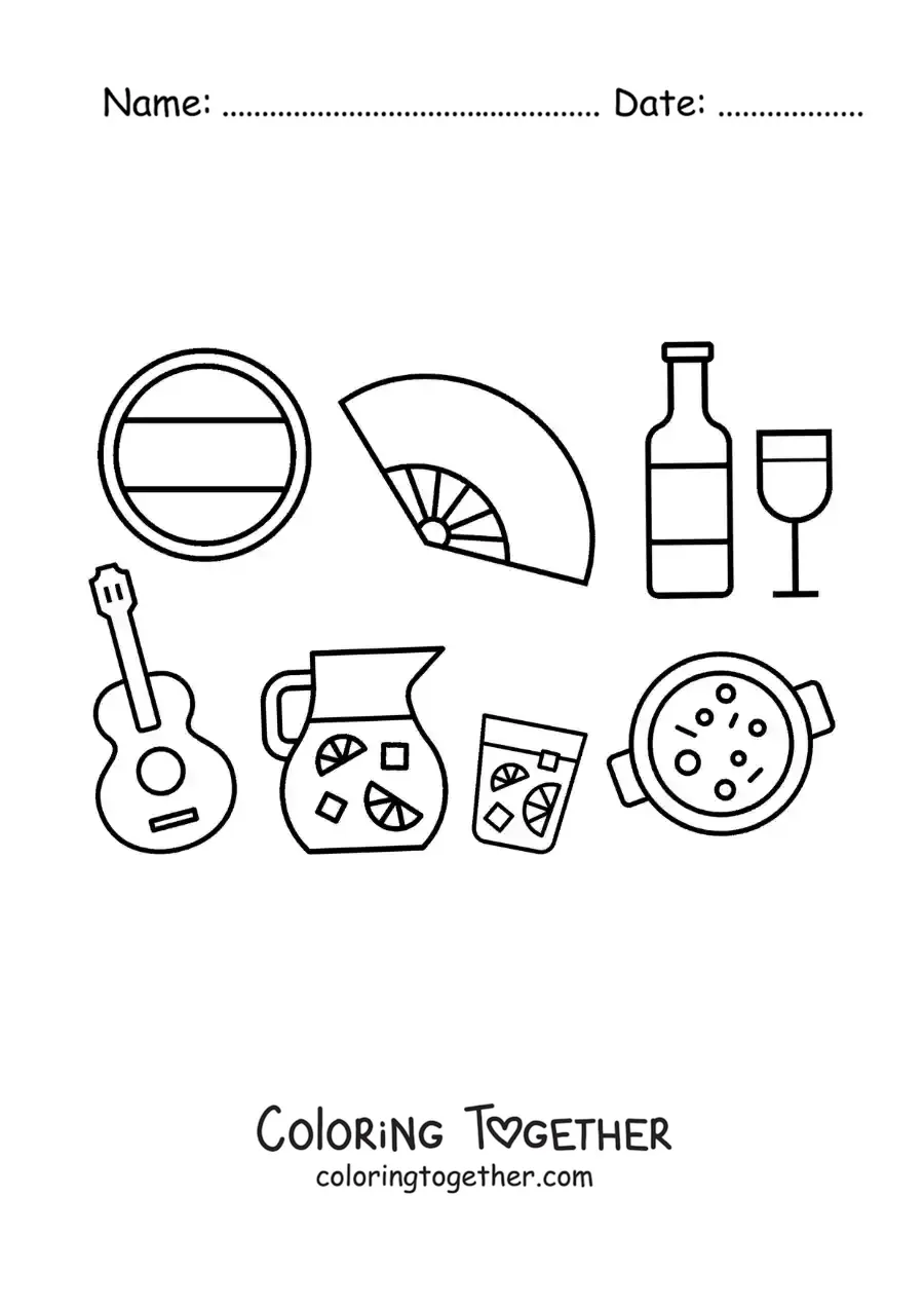 Coloring page of elements of Spanish culture