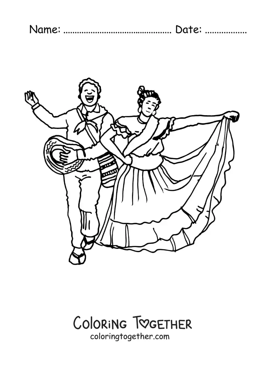 Coloring page of an animated couple in traditional Colombian costume