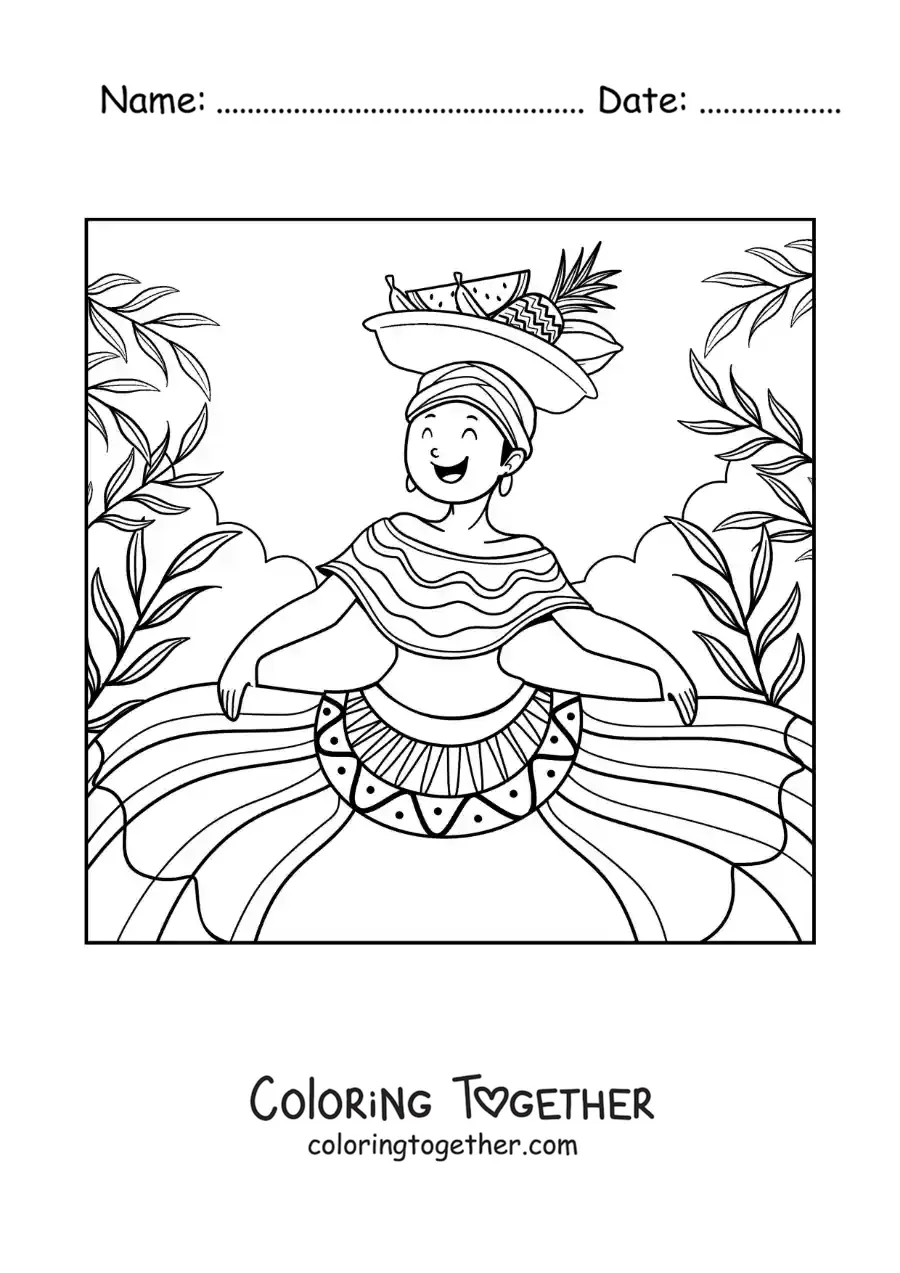 Coloring page of an animated Colombian woman in traditional costume