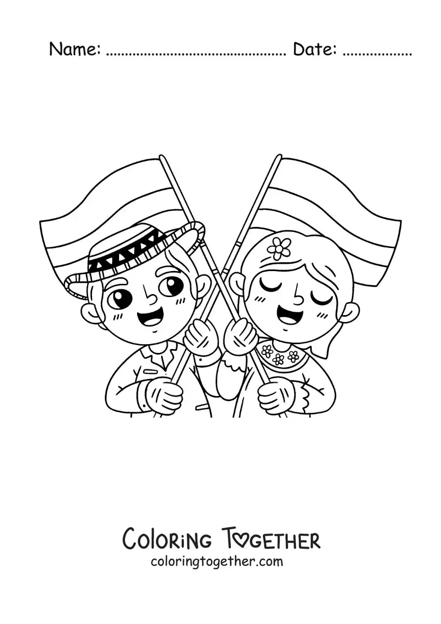 Coloring page of animated Colombian children with the flag