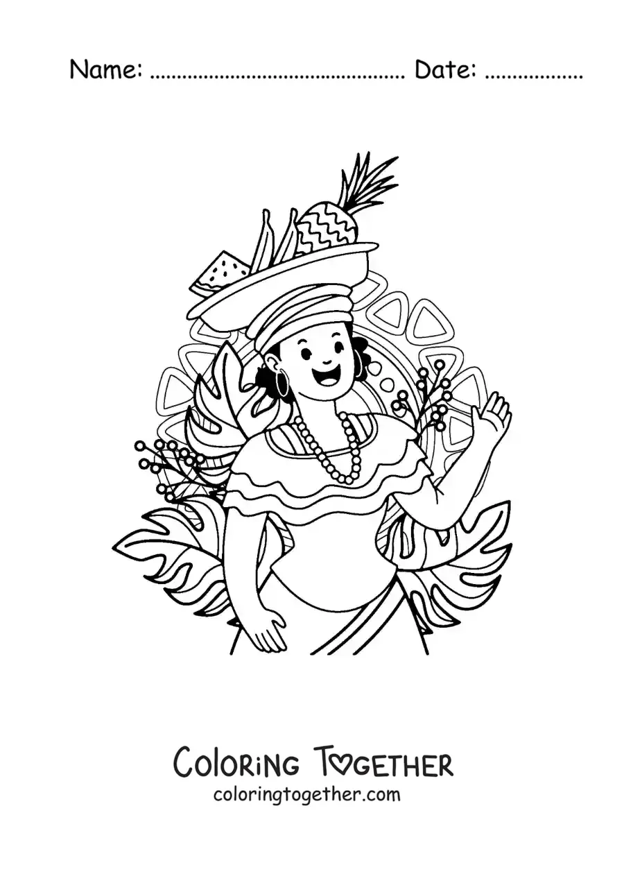 Coloring page of an animated woman of Colombian culture