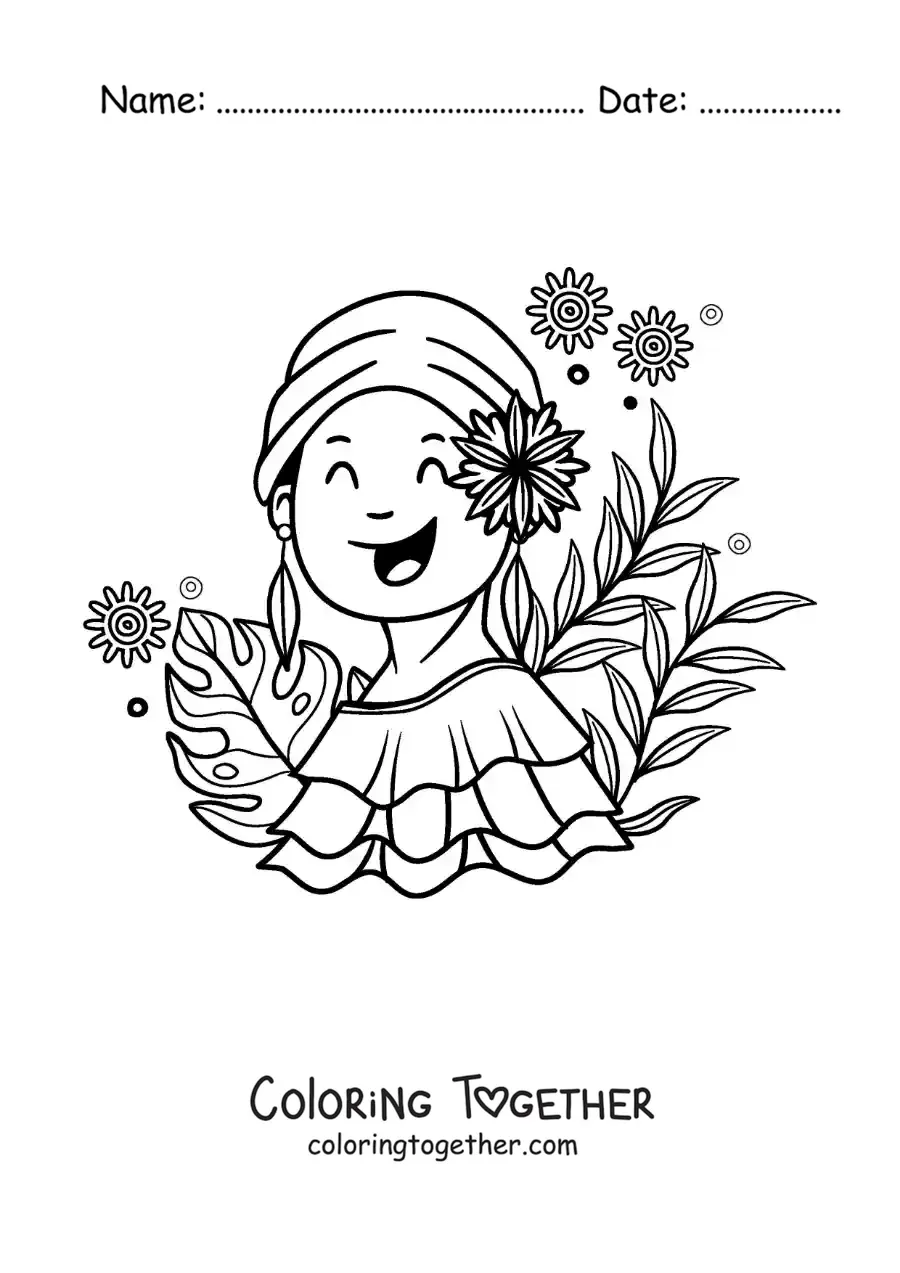 Coloring page of a Colombian girl in traditional dress