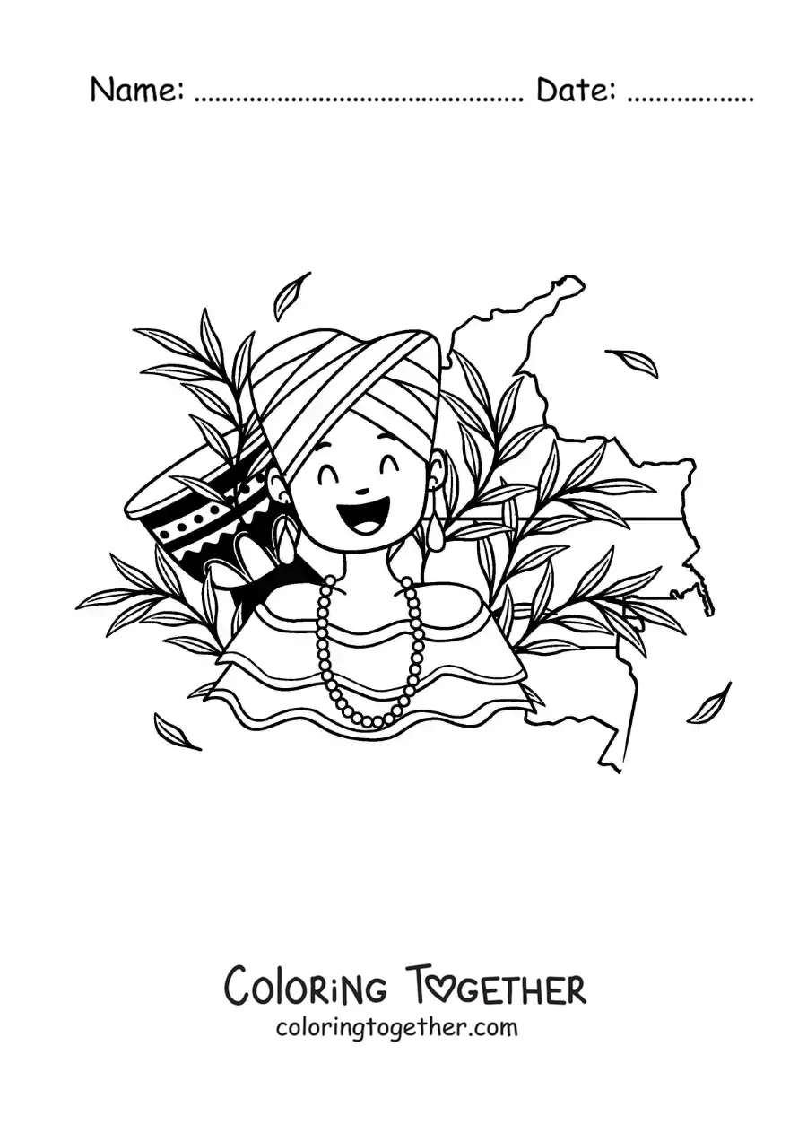 Coloring page of a woman in traditional dress with the map of Colombia