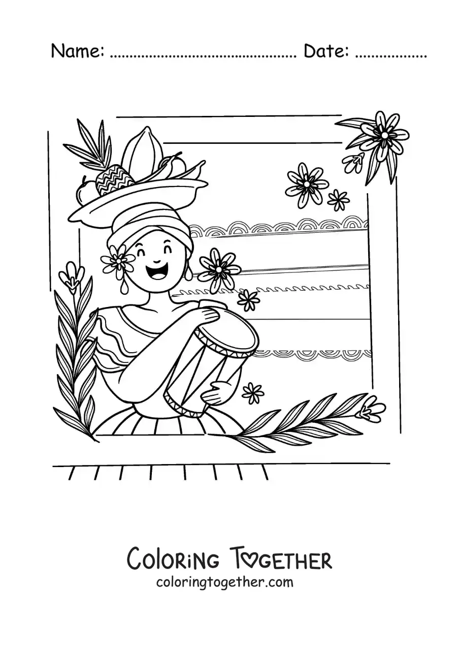 Coloring page of a woman in traditional Colombian dress playing drums